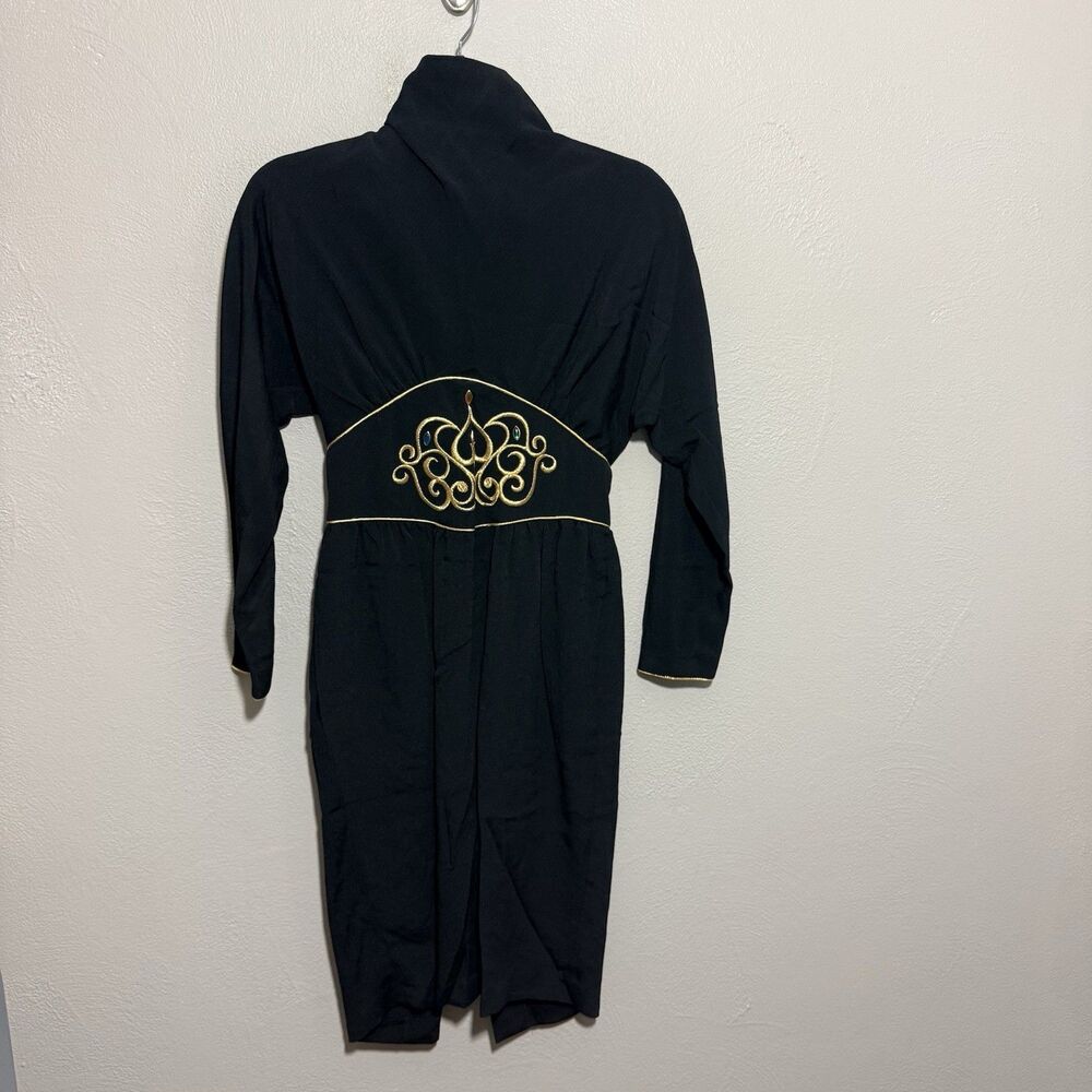 Night Lights by NR 1 Dress Vintage 90s Embroidered Black High Neck Sz 4 P
